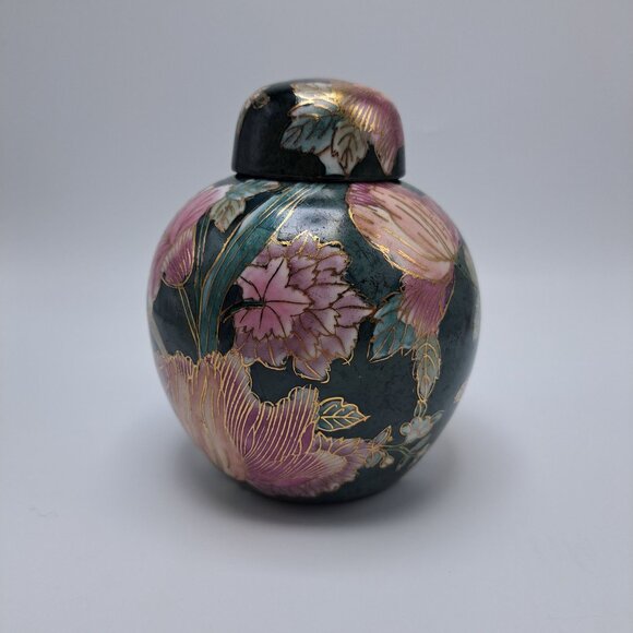 Vintage Cloisonné Style Ginger Jar With Lid Floral Design - Picture 5 of 12
